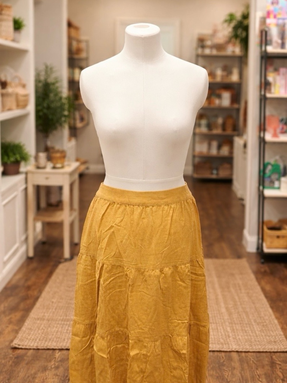 Matty M XXL Mustard Yellow Tiered Midi Skirt Linen Blend Elastic Waist Boho NWT